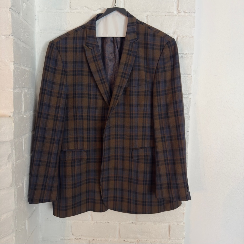 Vintage Stacy Adams Gold Plaid Blazer 50R Brown Navy Sport Coat